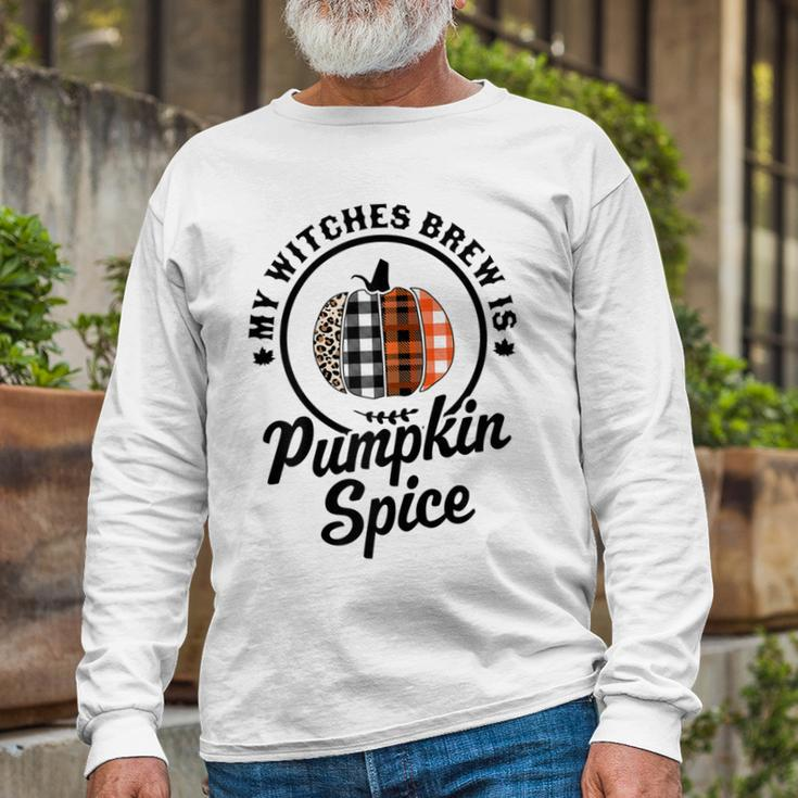 My Witches Brew Is Pumpkin Spice Halloween Plaid Leopard Long Sleeve T-Shirt Gifts for Old Men