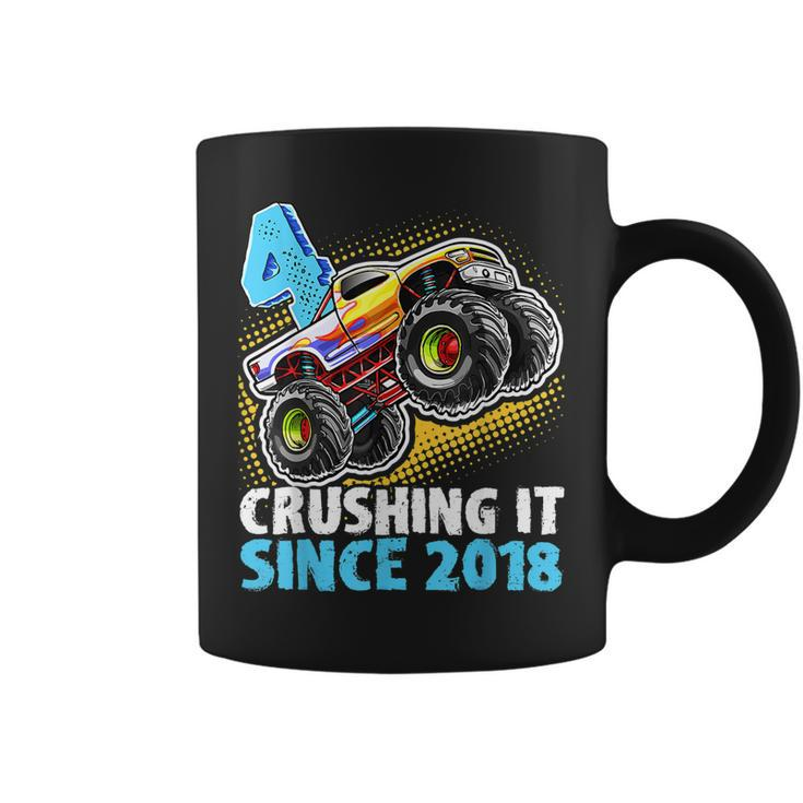 4 Crushing It Since 2018 Monster Truck 4Th Birthday Boys  Coffee Mug