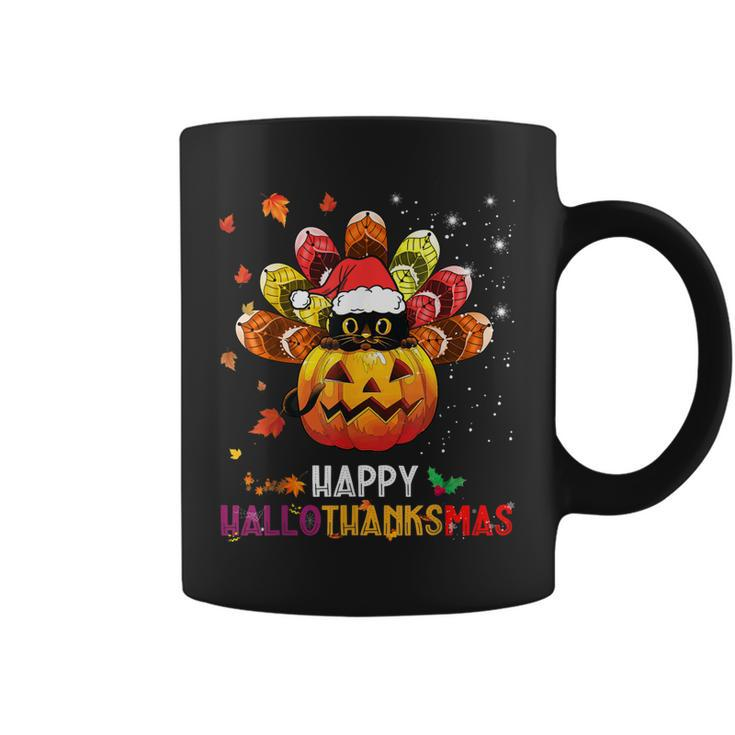 Black Cat Halloween And Merry Christmas Happy Hallothanksmas  Coffee Mug