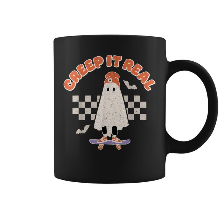 Creep It Real Ghost Skateboard Halloween Bat Checkered Sk8r  Coffee Mug