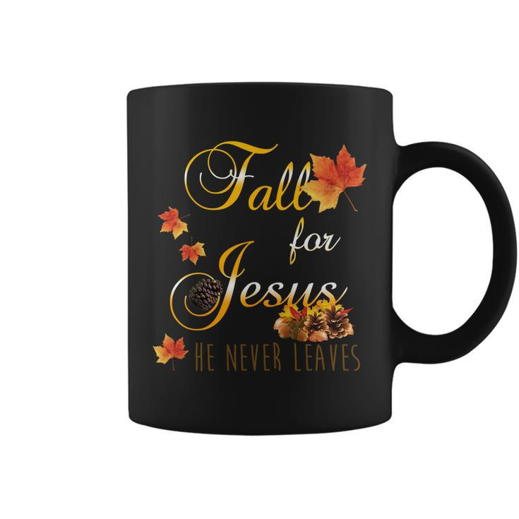 Fall For Jesus He Never Leaves Christian Autumn Season Coffee Mug