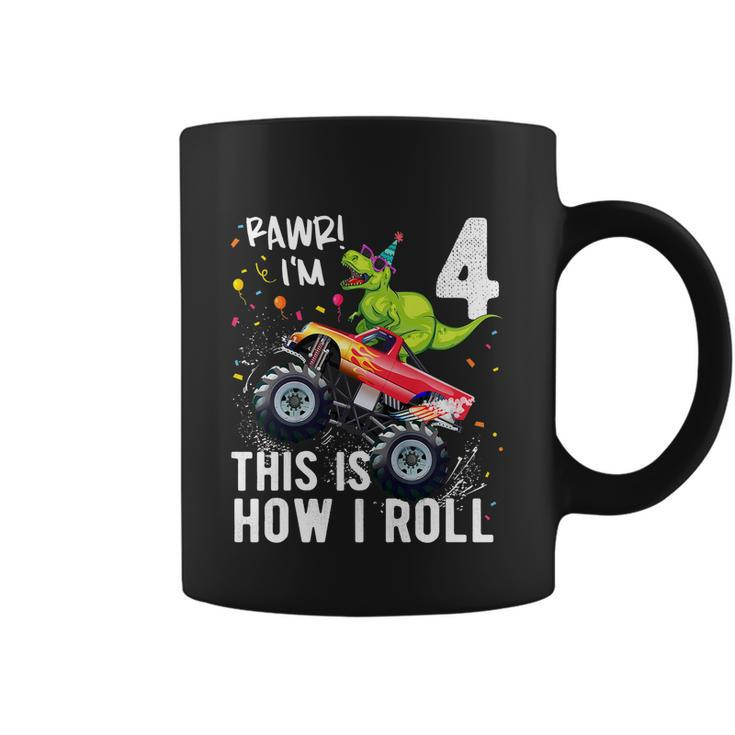 Funny Kids T Rex Dinosaur Monster Truck Gift 4Th Birthday Boys And Girls Gift Coffee Mug