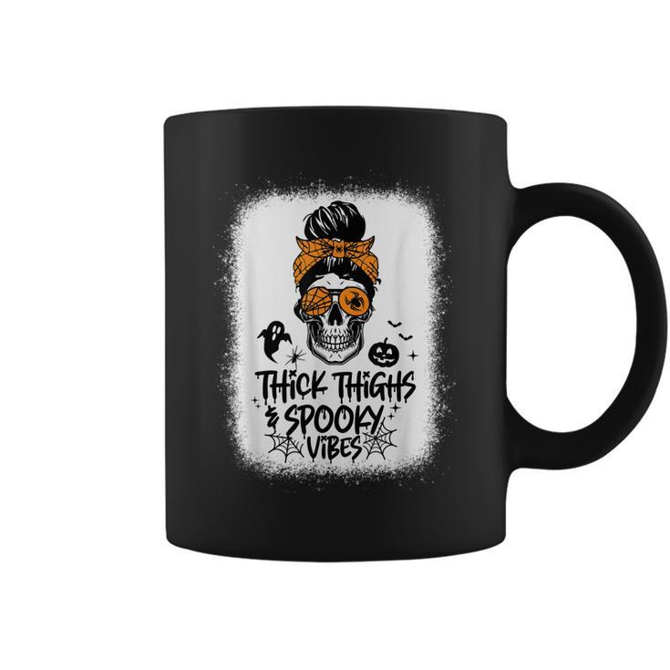 Funny Thick Thighs & Spooky Vibes Skull Messy Bun Halloween  Coffee Mug