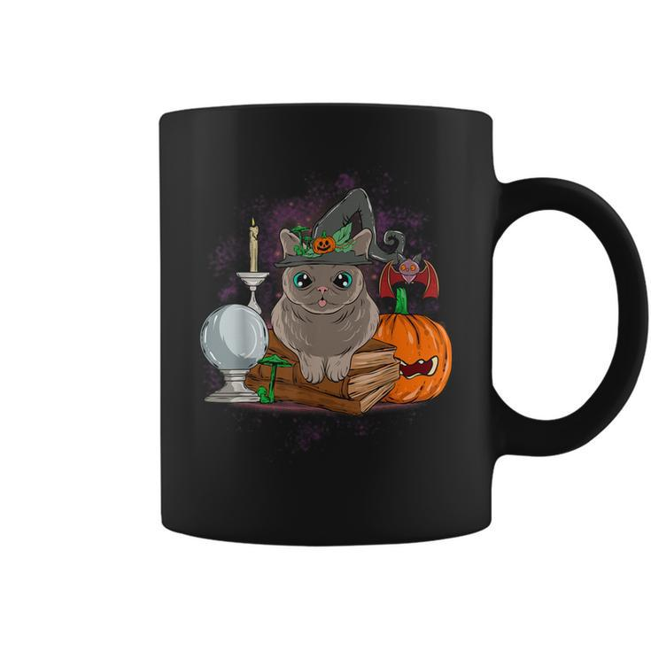 Grey Cat Witch Halloween Crystal Ball Books Bat  Coffee Mug