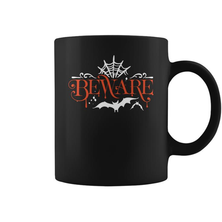Halloween Beware Bat And Spidernet - Orange And White Coffee Mug