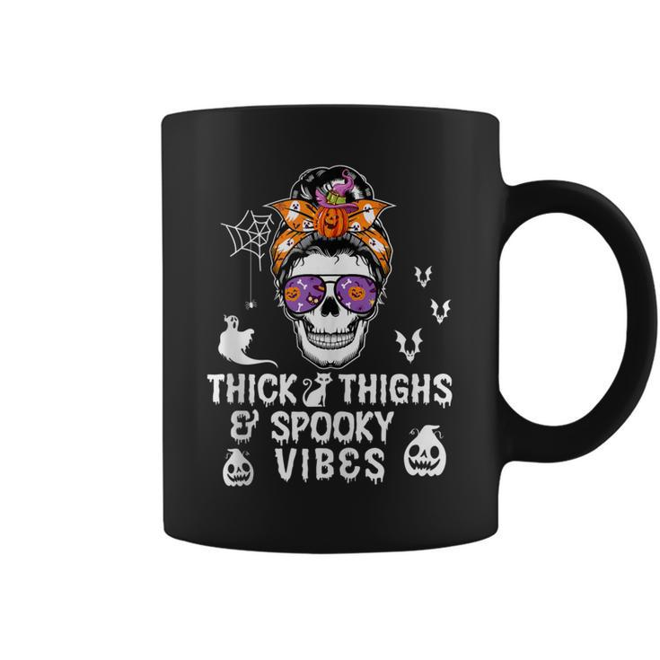 Halloween Skull Messy Bun Thick Thighs And Spooky Vibes  Coffee Mug