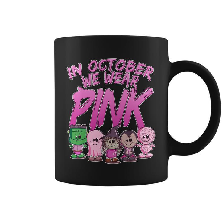 In October We Wear Pink Breast Cancer Halloween Monsters Coffee Mug