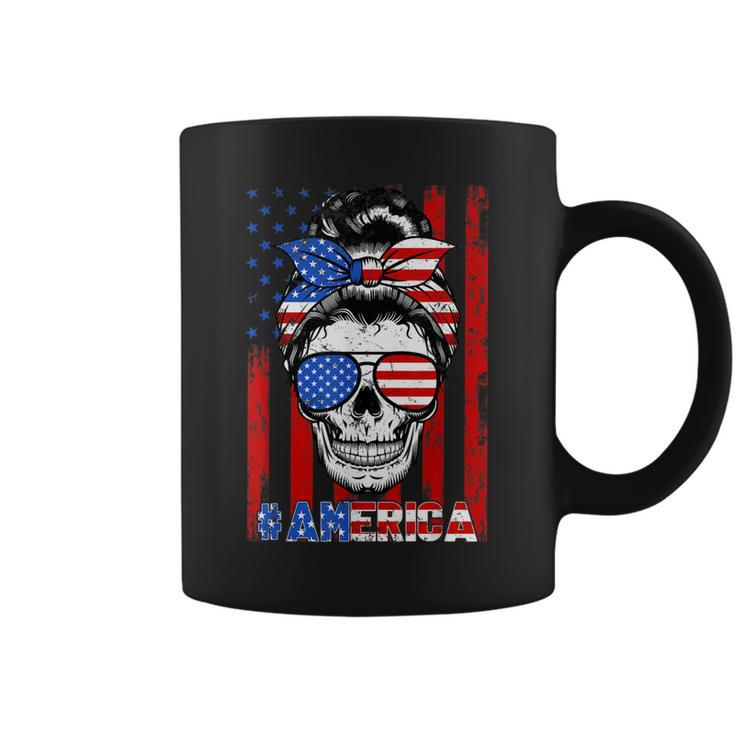 Messy Bun Skull America Flag Glasses 4Th Of July Patriotic  Coffee Mug