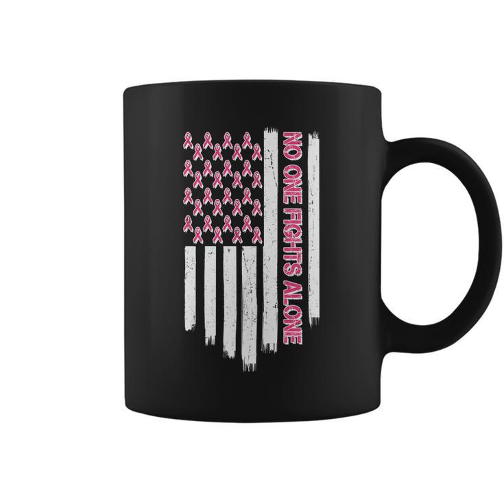 No One Fights Alone Breast Cancer Awareness American Pink Ribbons Flag Coffee Mug