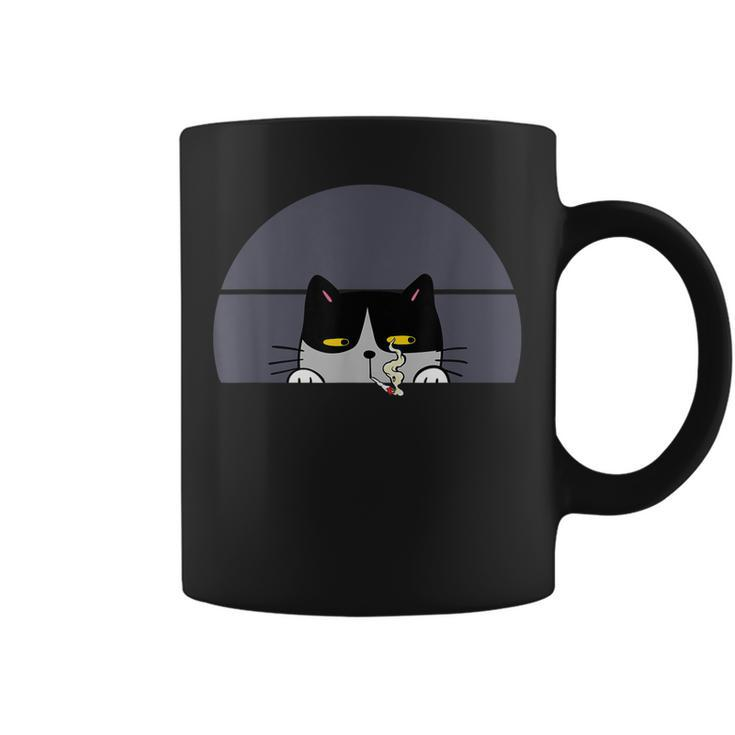Stoned Black Cat Smoking And Peeking Sideways With Cannabis  Coffee Mug