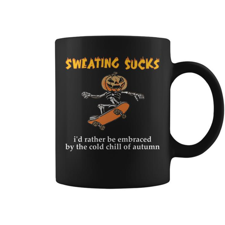 Sweating Sucks Skeleton Pumpkin Playing Skateboard Halloween   Coffee Mug