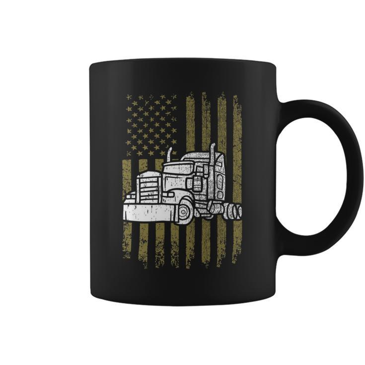 Trucker Trucker Vintage American Flag Semi Truck Driver Patriotic Coffee Mug