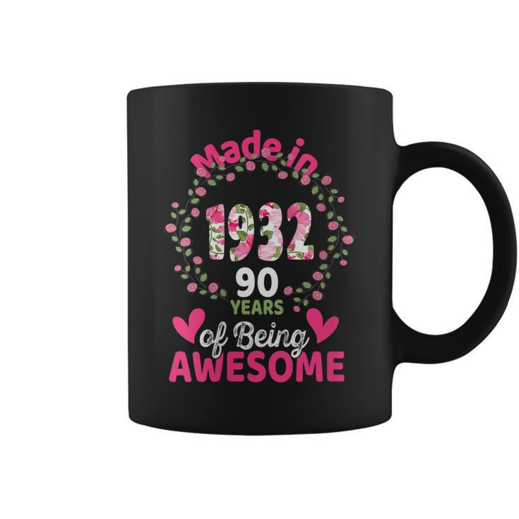 Womens 90 Years Old 90Th Birthday Born In 1932 Women Girls Floral  Coffee Mug