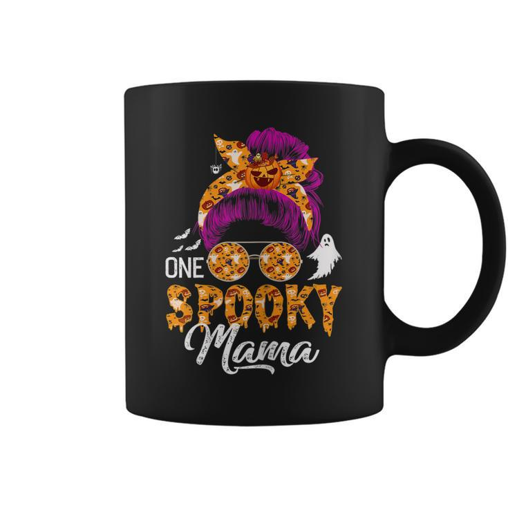 Womens One Spooky Mama  Halloween Messy Bun Hair Ghosts Lover  Coffee Mug