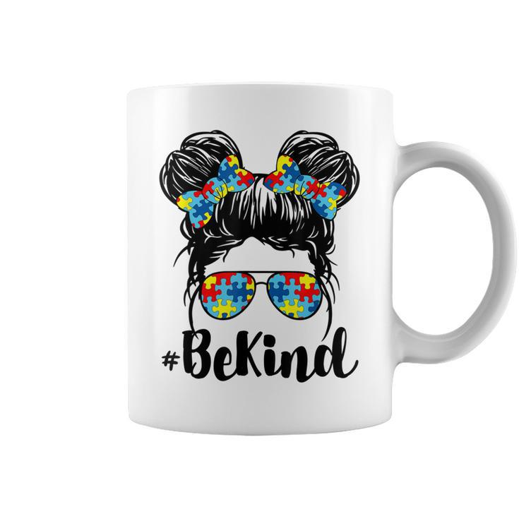 Be Kind Autism Awareness Messy Bun Girl   Coffee Mug