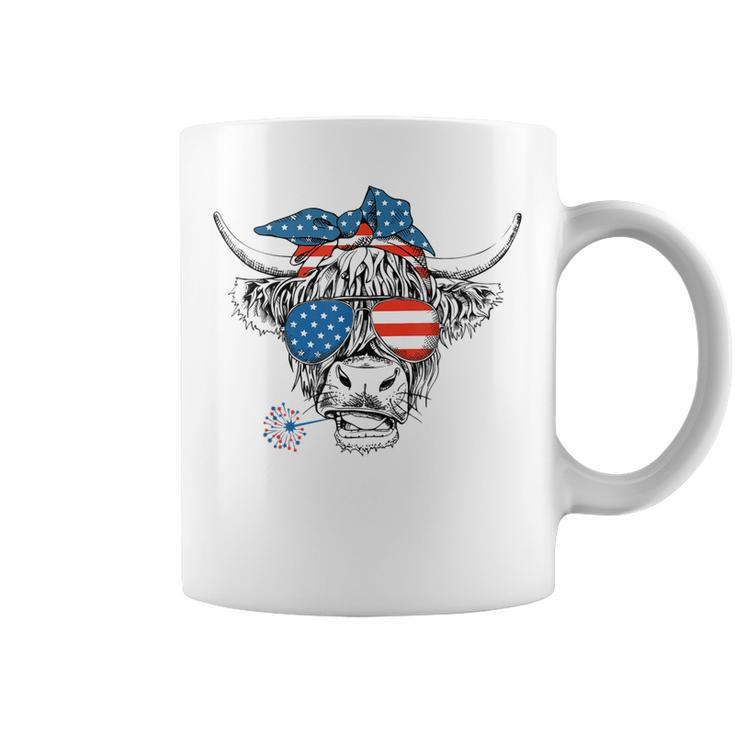 Funny Highland Cow Us Flag Glasses Patriotic July 4Th  Coffee Mug