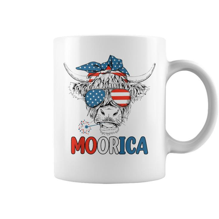 Funny Moorica 4Th Of July American Flag Highland Cow  Coffee Mug