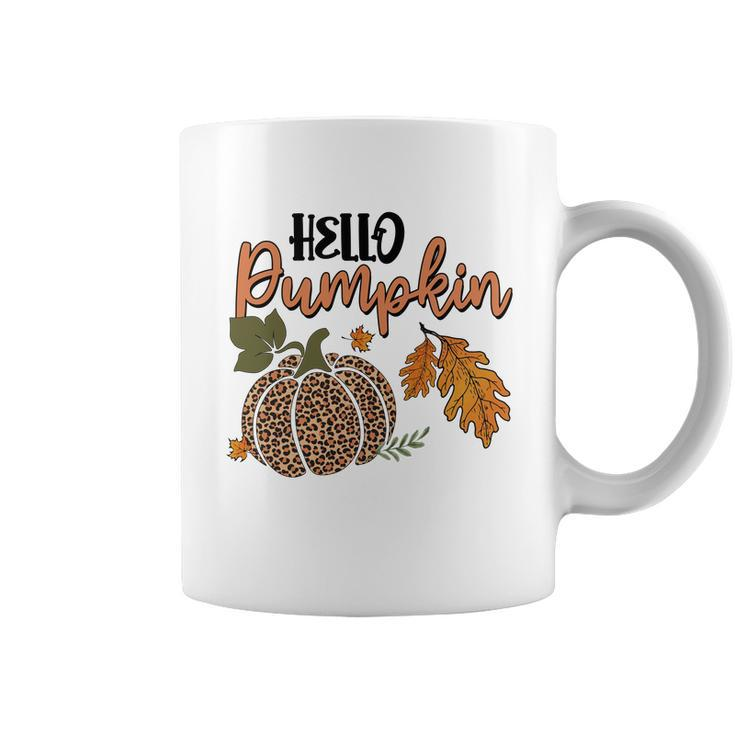 Hello Pumpkin Leopard Plaid Autumn Leaves Fall Coffee Mug