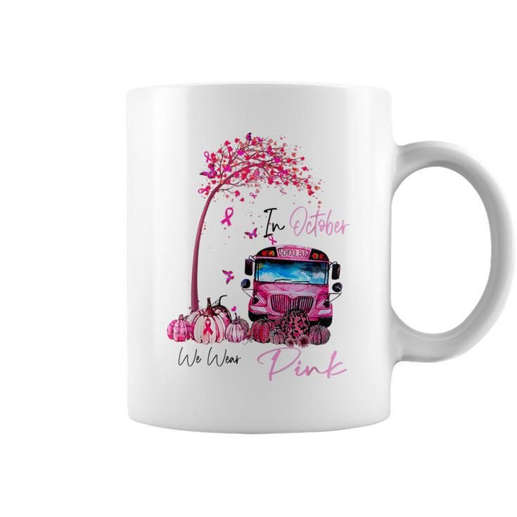 In October We Wear Pink School Bus Pumpkin Breast Cancer  Coffee Mug