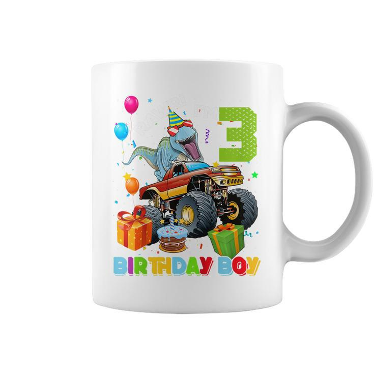 Kids 3 Year Old Monster Truck Dinosaur 3Rd Birthday Boys Toddler  Coffee Mug