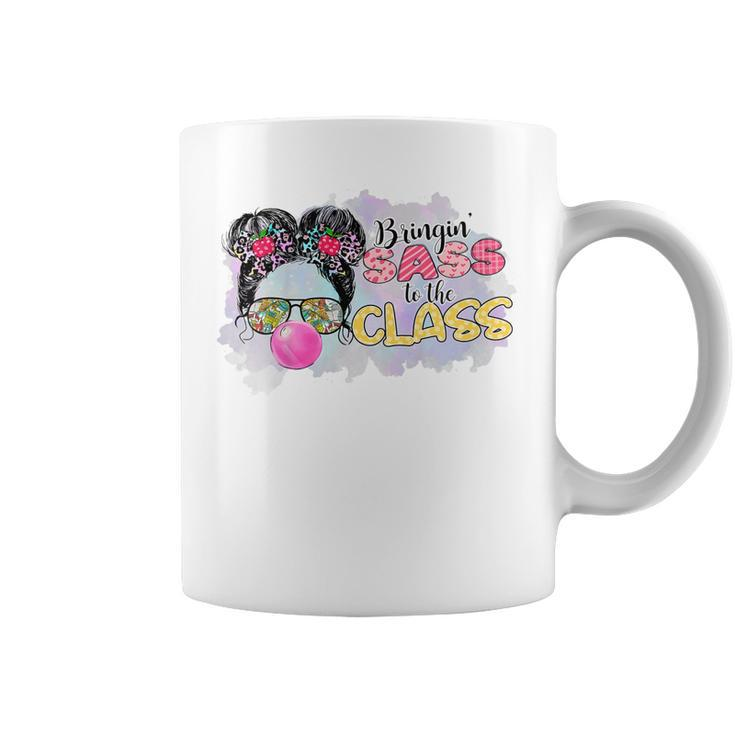 Kids Bringing Sass To The Class Messy Bun Glasses Back To School  Coffee Mug