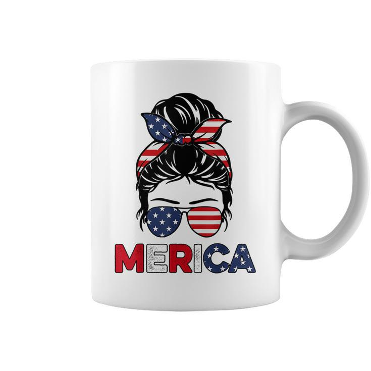 Merica Mom Girl American Flag Messy Bun Hair 4Th Of July Usa  V2 Coffee Mug