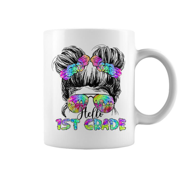 Messy Bun Hair Tie Dye Rainbow Kids Girls Hello First Grade Coffee Mug