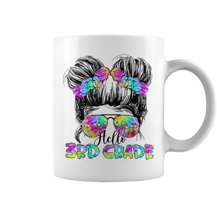 Messy Bun Hair Tie Dye Rainbow Kids Girls Hello Third Grade  V2 Coffee Mug