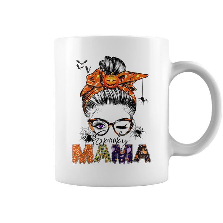 One Spooky Mama For Halloween Messy Bun Mom Monster Bleached  V2 Coffee Mug
