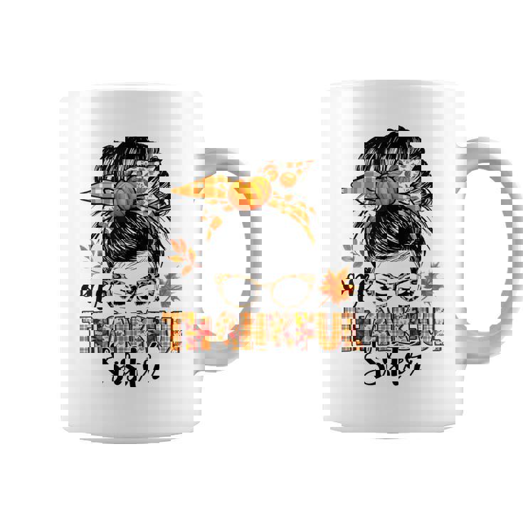 One Thankful Sister Messy Bun Fall Autumn Thanksgiving Coffee Mug
