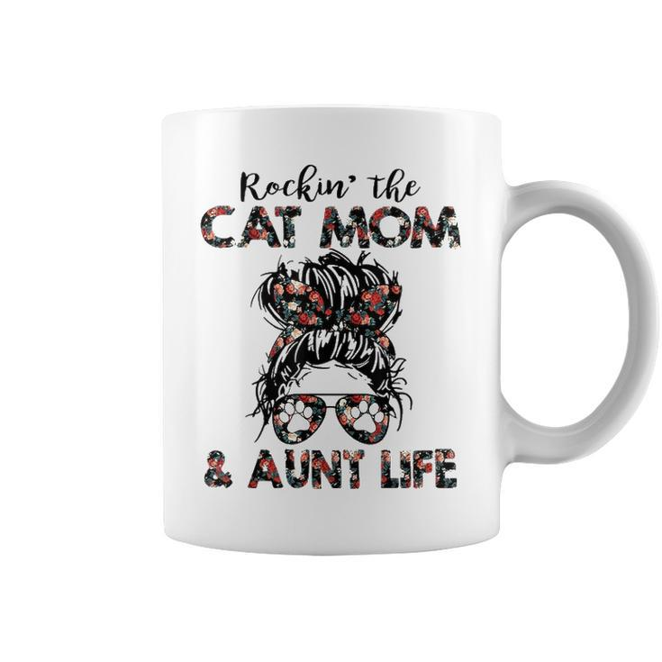 Rockin The Cat Mom & Aunt Life Messy Bun Hair Glasses Paws   Coffee Mug