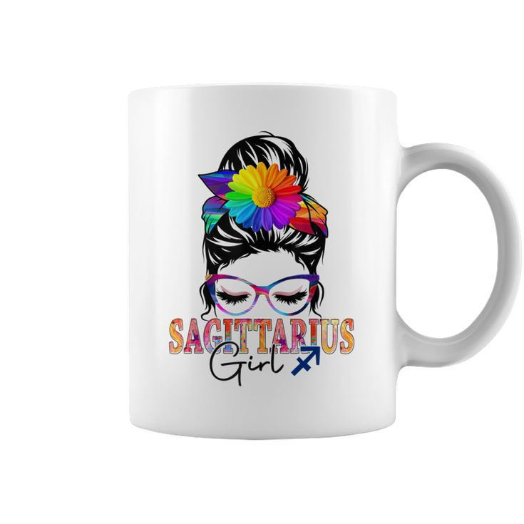Sagittarius Girl Birthday Messy Bun Hair Colorful Floral  Coffee Mug
