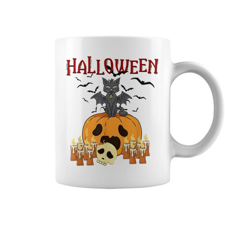 Scary Pumpkin And Vampire Bat Cat Halloween Trick Or Treat  Coffee Mug