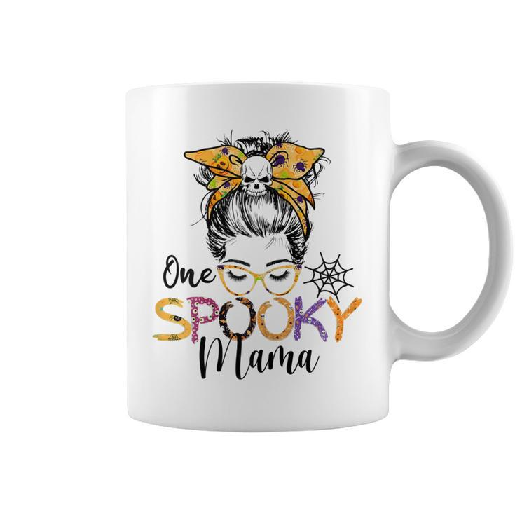 Womens One Spooky Mama Messy Bun Funny Mom Halloween Spider Costume  Coffee Mug