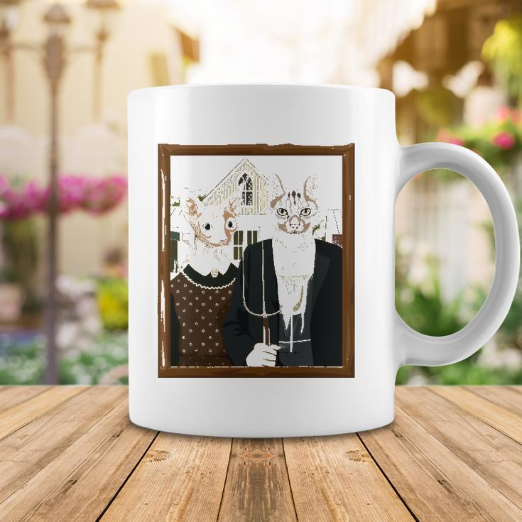 Funny American Gothic Cat Parody Ameowican Gothic Graphic Coffee Mug Unique Gifts