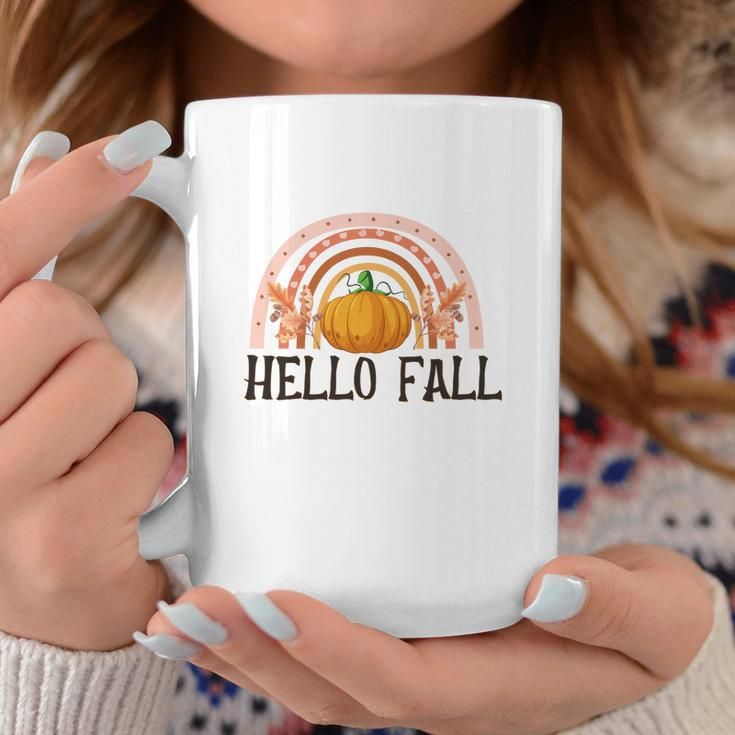 Hello Fall Boho Rainbow Pumpkin Coffee Mug Funny Gifts