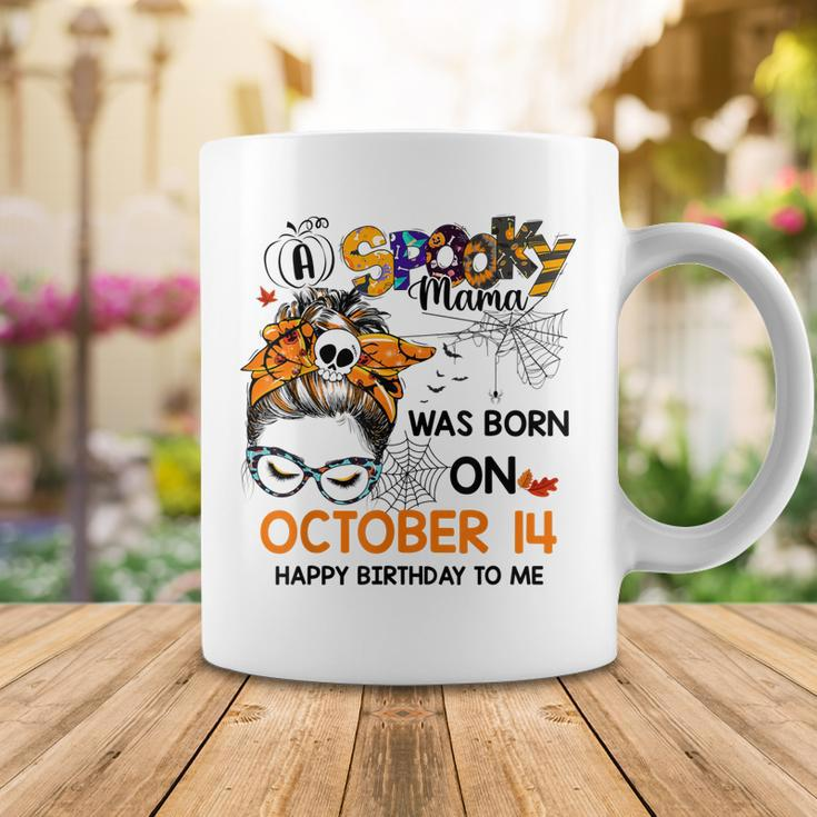 Spooky Mama Born On October 14Th Birthday Bun Hair Halloween Coffee Mug Funny Gifts