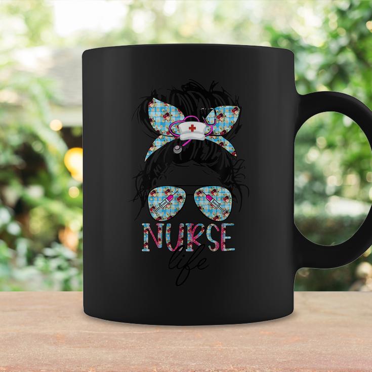 Nurse Life Leopard Messy Bun Hair Healthcare Flower Glasses  Coffee Mug