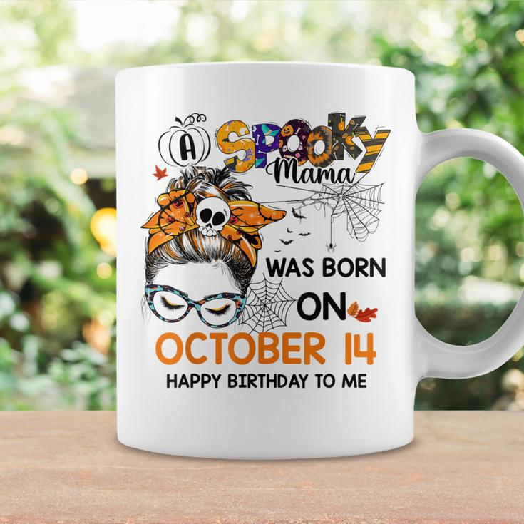 Spooky Mama Born On October 14Th Birthday Bun Hair Halloween Coffee Mug Gifts ideas