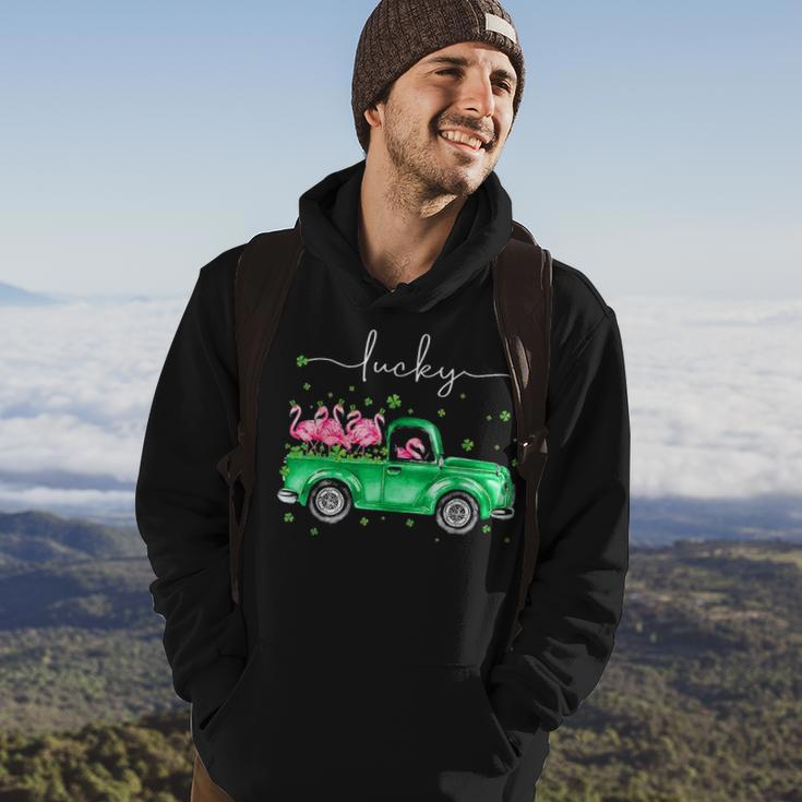 Lucky Flamingo Riding Green Truck Shamrock St Patricks Day Graphic Design Printed Casual Daily Basic Men Hoodie Lifestyle