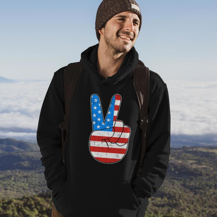 Peace Hand Sign With Usa American Flag For 4Th Of July Funny Gift Hoodie Lifestyle