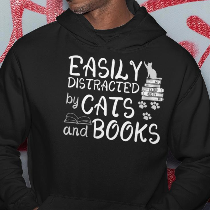 Easily Distracted By Cats And Books Funny Book Lover Hoodie Unique Gifts