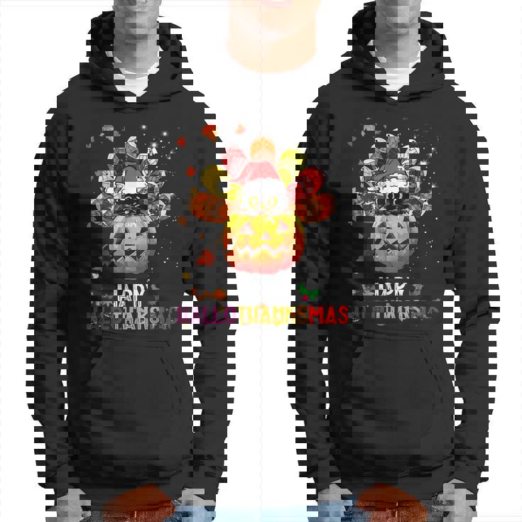 Black Cat Halloween And Merry Christmas Happy Hallothanksmas  Hoodie