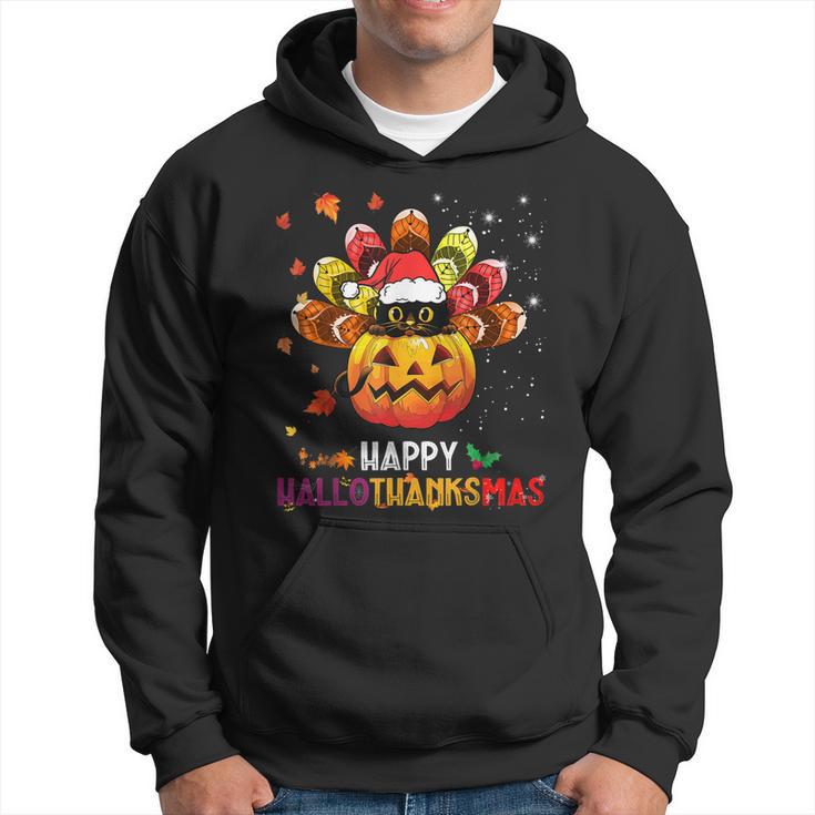 Black Cat Halloween And Merry Christmas Happy Hallothanksmas  Hoodie