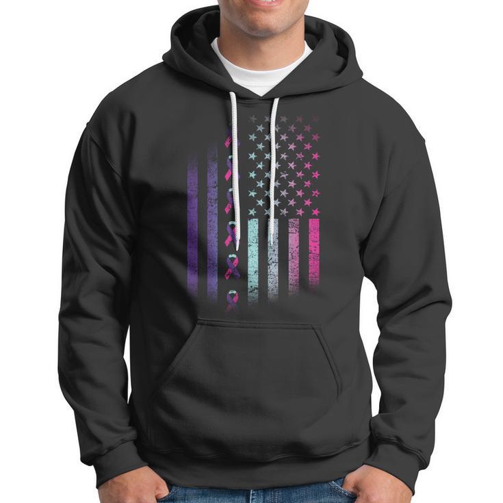 Blue Pink Teal Ribbon Flag Thyroid Cancer Awareness Hoodie