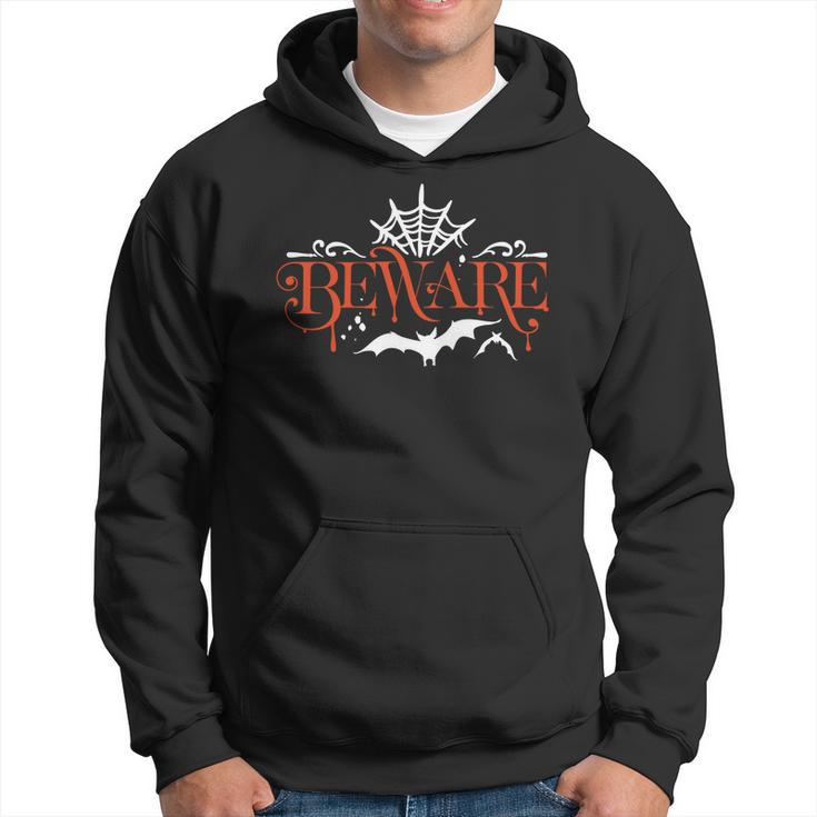 Halloween Beware Bat And Spidernet - Orange And White Men Hoodie Graphic Print Hooded Sweatshirt