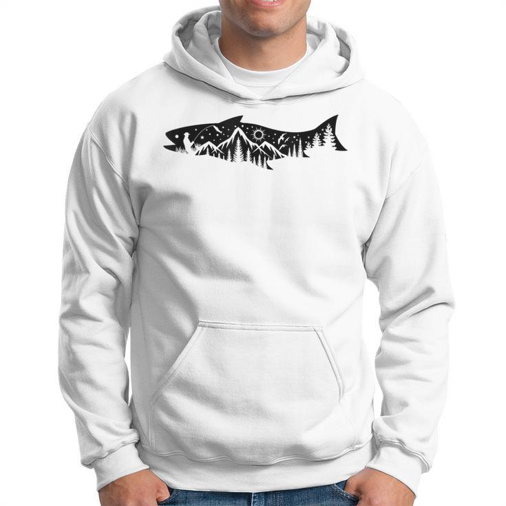 Fishing Forest Mountain Silhouette Outdoor Adventure Fishing Men Hoodie