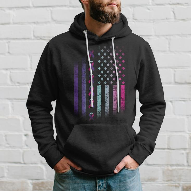 Blue Pink Teal Ribbon Flag Thyroid Cancer Awareness Hoodie Gifts for Him
