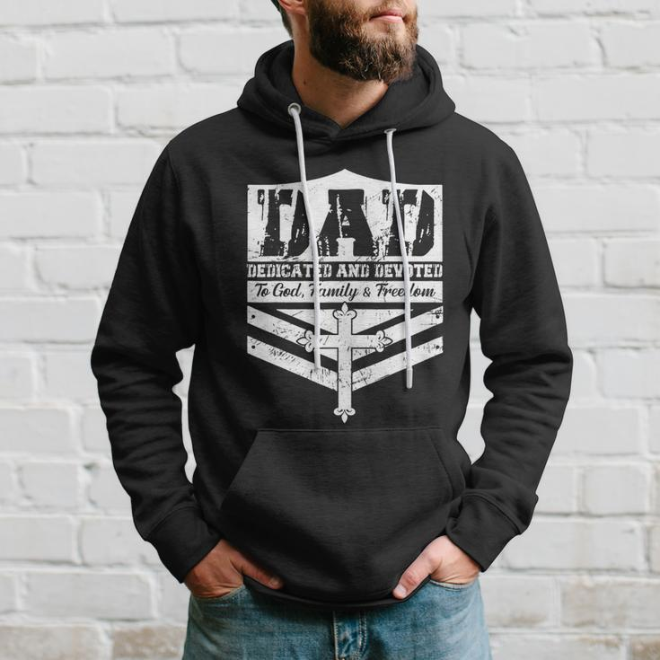 Dad Dedicated And Devoted To God Family & Freedom Hoodie Gifts for Him