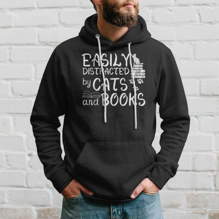 Easily Distracted By Cats And Books Funny Book Lover Hoodie Gifts for Him